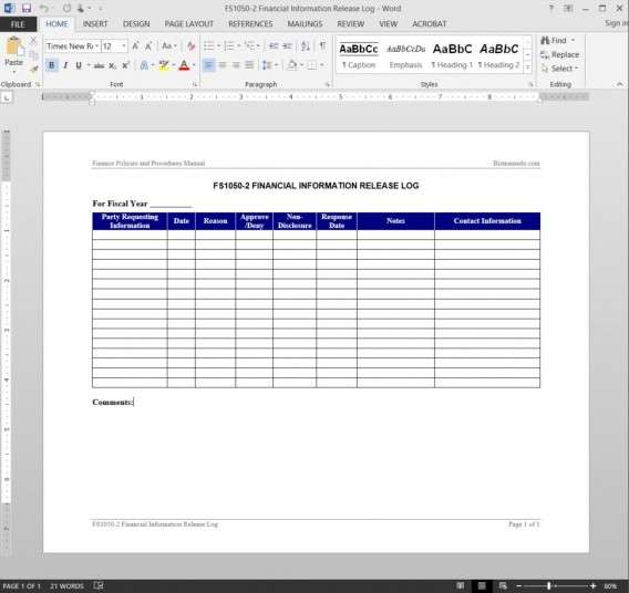 Financial Information Release Log Template