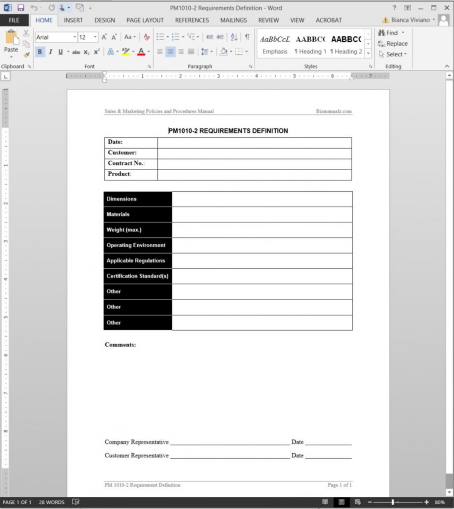 Requirements Definition Worksheet Template