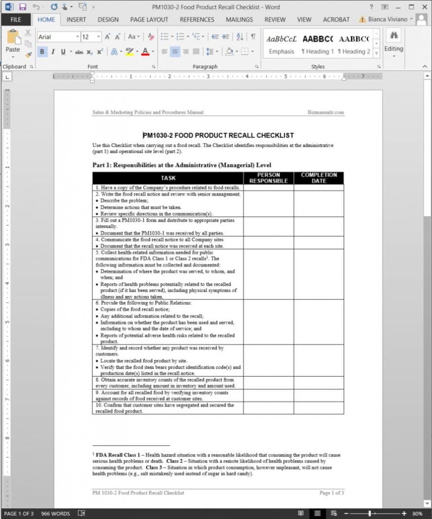 Food Product Recall Checklist Template