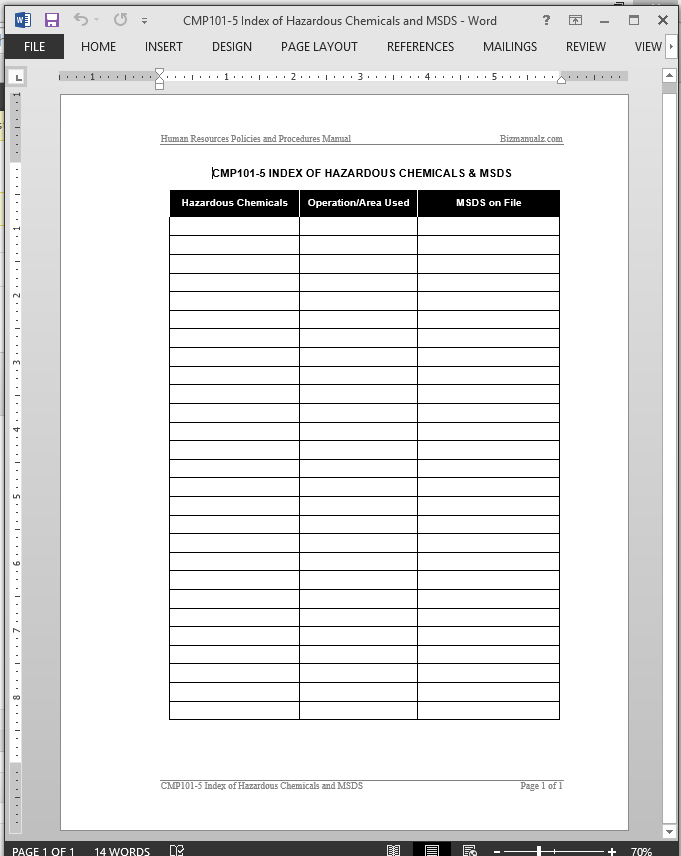 Sds Binder Table Of Contents Template