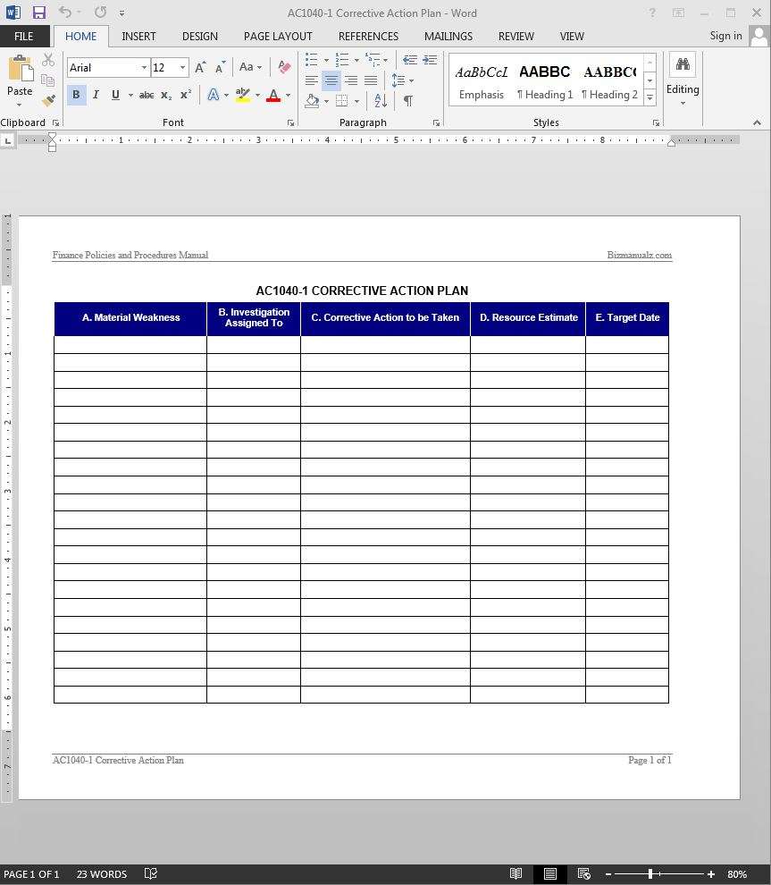 Free Corrective Action Plan Template TUTORE ORG Master of Documents