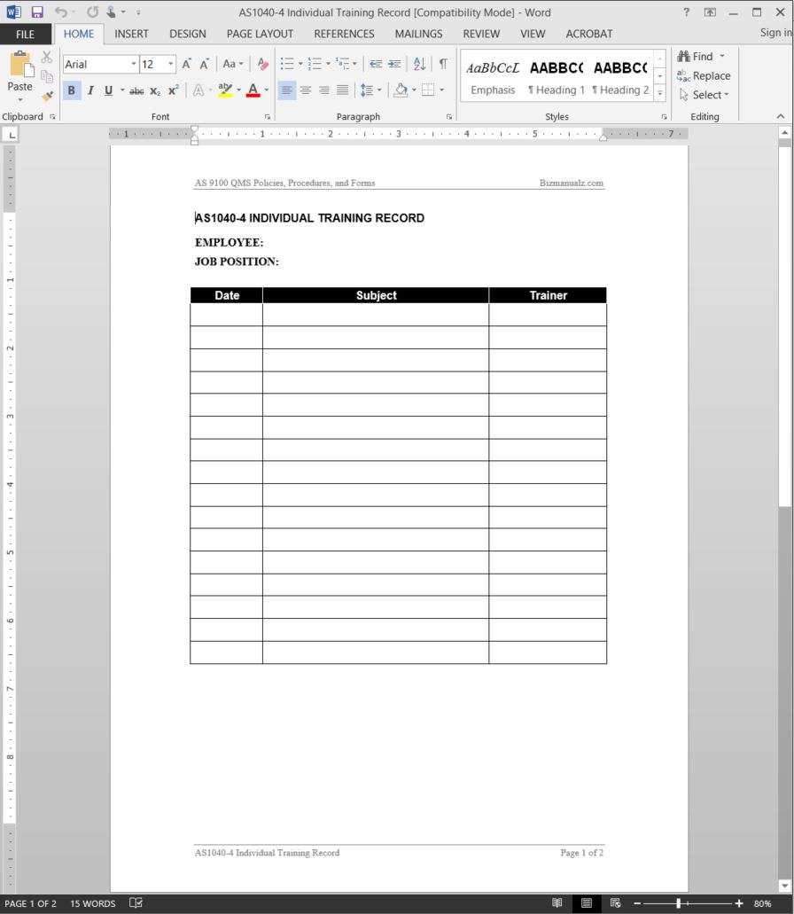 AS9100 Individual Training Record Template