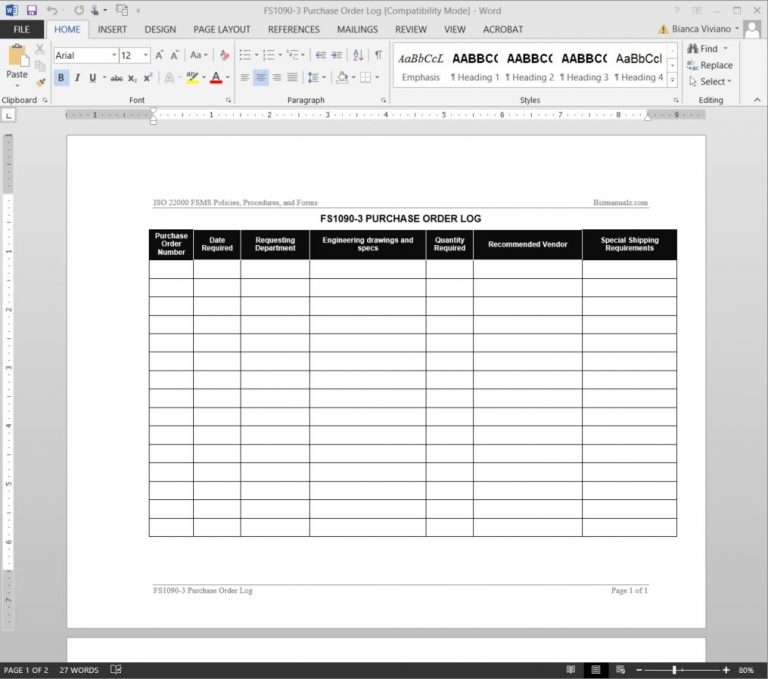 FSMS Purchase Order Log Template