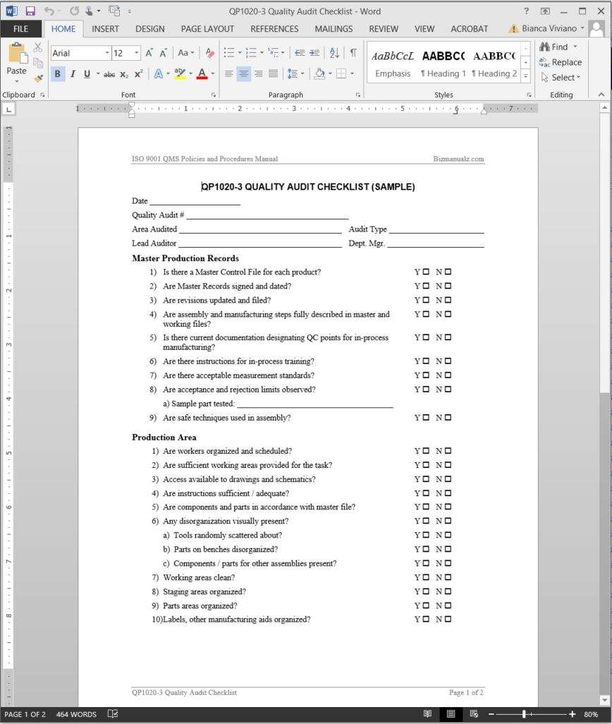 iso 90012015 internal audit checklist xls