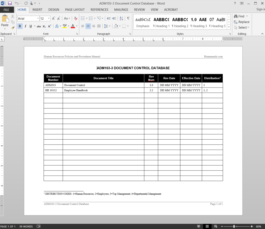 HR Document Control Database Template Word