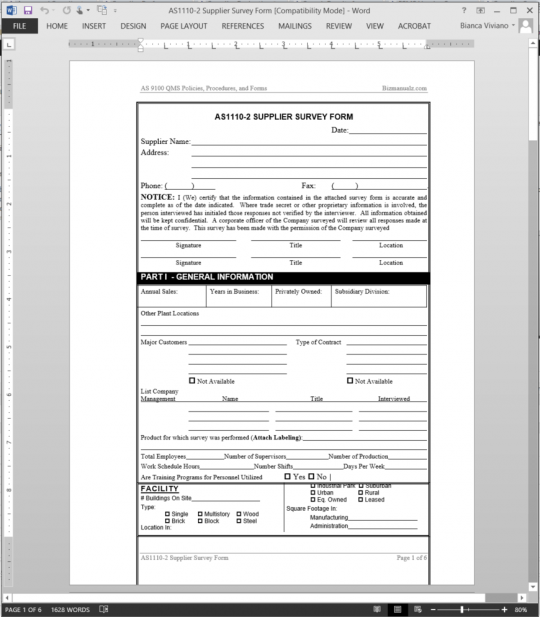 Supplier Survey Form AS9100 Template AS1110 2