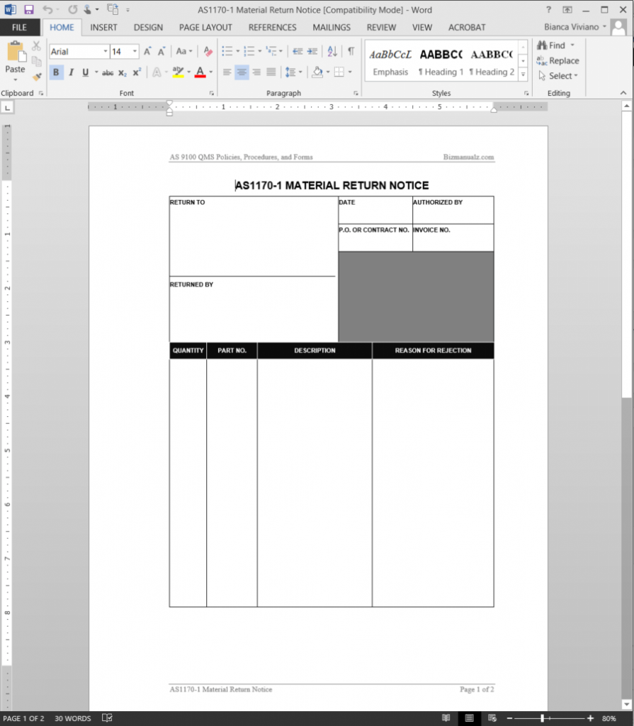 AS9100 Material Return Notice Template Word